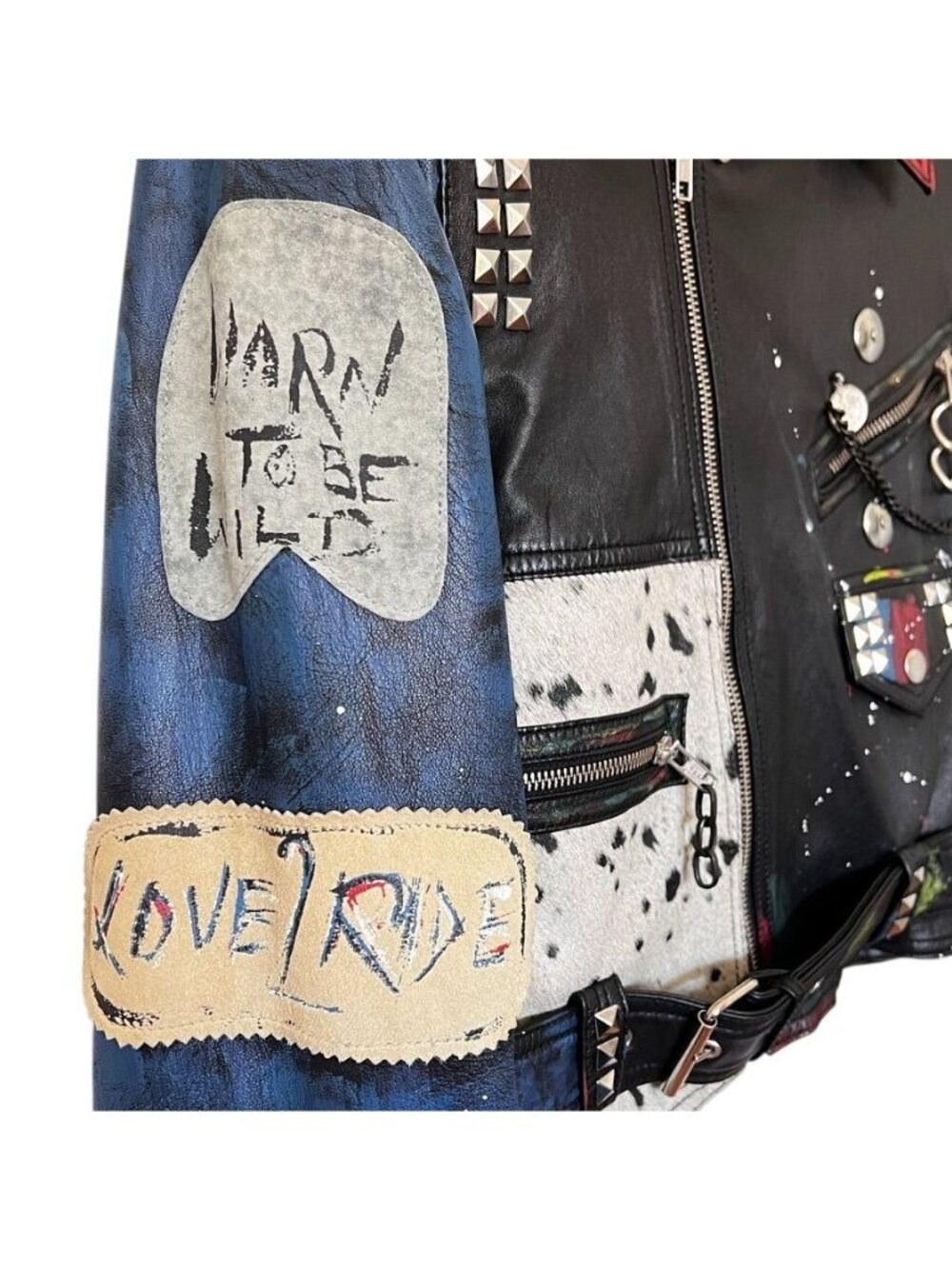 Rare Zara Leather Battle Jacket Women M Studded Graffiti Patchwork Punk Moto M - Picture 8 of 16